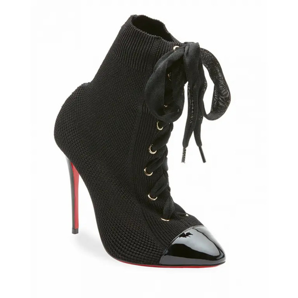 Christian Louboutin Frenchie 100 Black Patent Lace Heel Ankle Boot Bootie 35.5 - Picture 4 of 11